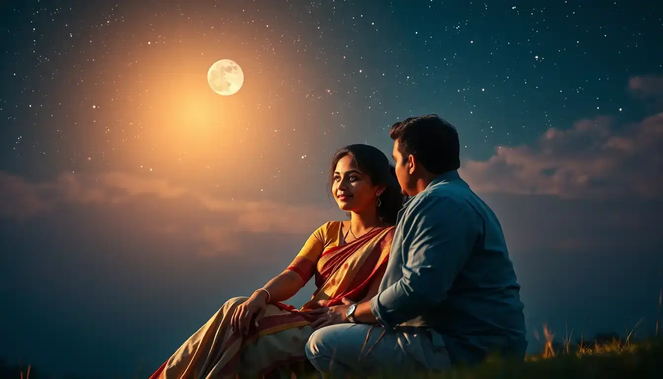 Romantic Tamil couple sitting together under a beautiful starry night sky, dreamy romantic atmosphere, soft moonlight, emotional love story, cinematic lighting, ultra realistic, high detail, vertical 9:16