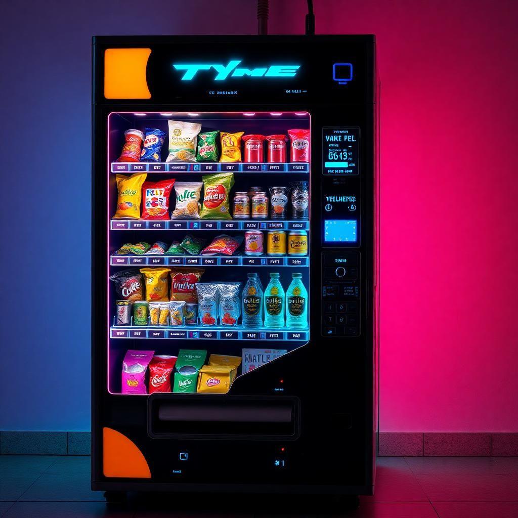 A cyberpunk-style vending machine that dispenses futuristic snacks and neon-lit beverages.