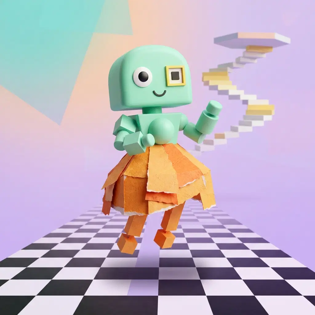 surreal mixed media character, top half of body smooth flat mint green plastic, bottom half rough cut paper texture in orange, simple geometric shapes, one round eye and one square eye, small smile, floating over a checker floor that fades into a lavender void, stairs to nowhere in the distance, low poly 3D look, full body