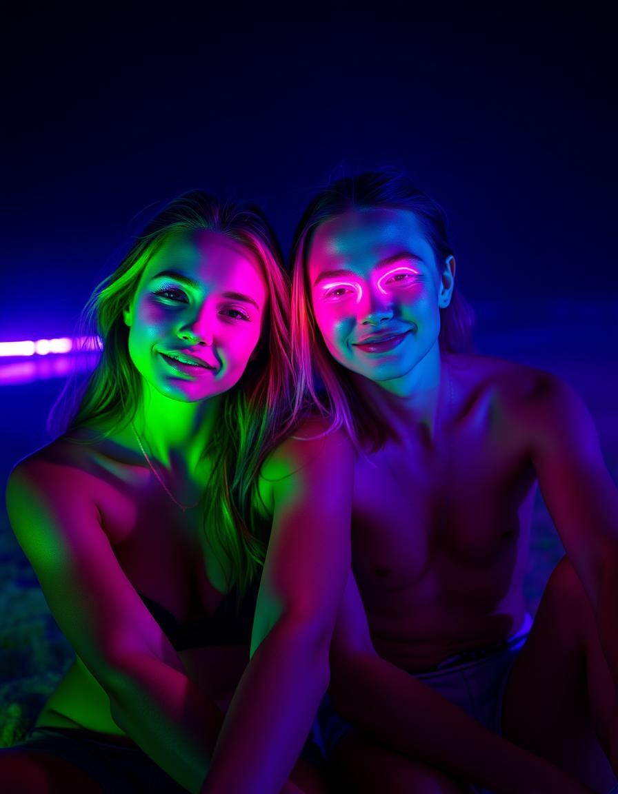 Two people sit together on the beach at night, surrounded by glowing neon lights. The bright, electric hues of pink, cyan, and green make their faces vibrant. The neon lights shine mostly on them, and it gets darker around them. The lights reflect off their skin and clothes, creating a bold, eye-catching glow. The bright colors make the scene feel energetic and futuristic. The people are the main focus, and the rest is softly lit or dark, with a neon purple glow on the horizon.
