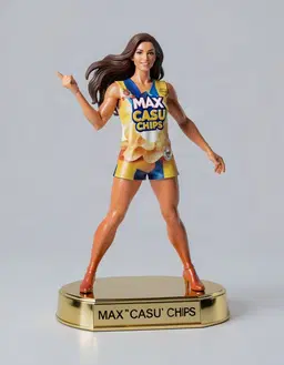 Create an ultra‑detailed action‑figure rendition of MAX CASU CHIPS in hard plastic, preserving the exact outfit from the source image. Pose the figure in a dynamic, cool stance that showcases movement and energy; if the figure is female, choose an elegant pose, otherwise a heroic action pose. Render glossy, vivid colors with professional 16K photography quality, full‑body view, realistic facial features, and ultra‑fine detailing. Place the figure on a polished gold pedestal, and inscribe the name “MAX CASU CHIPS” on a sleek plaque in front of the pedestal. Keep the original background unchanged, matching its lighting and atmosphere, and present the composition as a masterpiece with perfect lighting and a striking, cinematic feel.