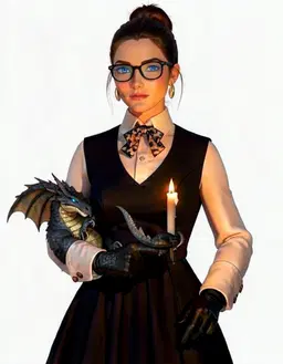 character portrait of female, a colossal ancient dragon with scarred scales and tattered wings, fully clothed, Long brown hair and in a dress, Ability to tame dragons, In a bun, blue Pale, Lightly tanned with a few miles and glasses, elegant and refined, in the style of Game of Thrones Dragon, faithful to its official art style, vivid saturated colors, head and shoulders, facing forward, plain flat white background