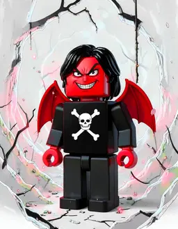 character full drawing of androgynous, an avatar built from hard-edged blocks, a bright red cube head with two black dot eyes over a flat black smile, a square grey torso and two long red rectangular arms hanging straight down at its sides, fully clothed, black hair, Evil look, eyebrows angry style, teeth shown to make an evil grin, Black attire with a skull and crossbones in the middle of the shirt, Red devil wings, Feeling evil, in the style of a Roblox avatar render, blocky 3D character, bright plastic colors, studio lighting, full body from head to feet, standing, facing forward, plain flat white background