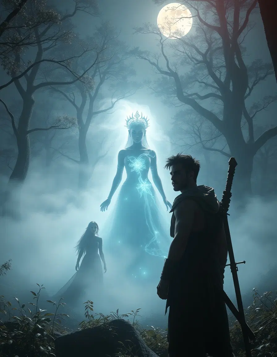 mystical glowing princess (Ayuna) emerges from white mist in enchanted forest under full moon, male warrior (Arif) emotional and shocked, ghostly spirit of female warrior (Cahaya) smiling in the background fading into light, epic fantasy atmosphere, ultra-detailed CGI, 8k, dramatic lighting, magical haze