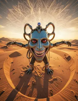 robomonster in an open desert, radial composition, arms out wide, captured from a circular overhead view, sunburst mandala sky, golden hour lighting, cinematic realism, detailed textures, sharp focus.