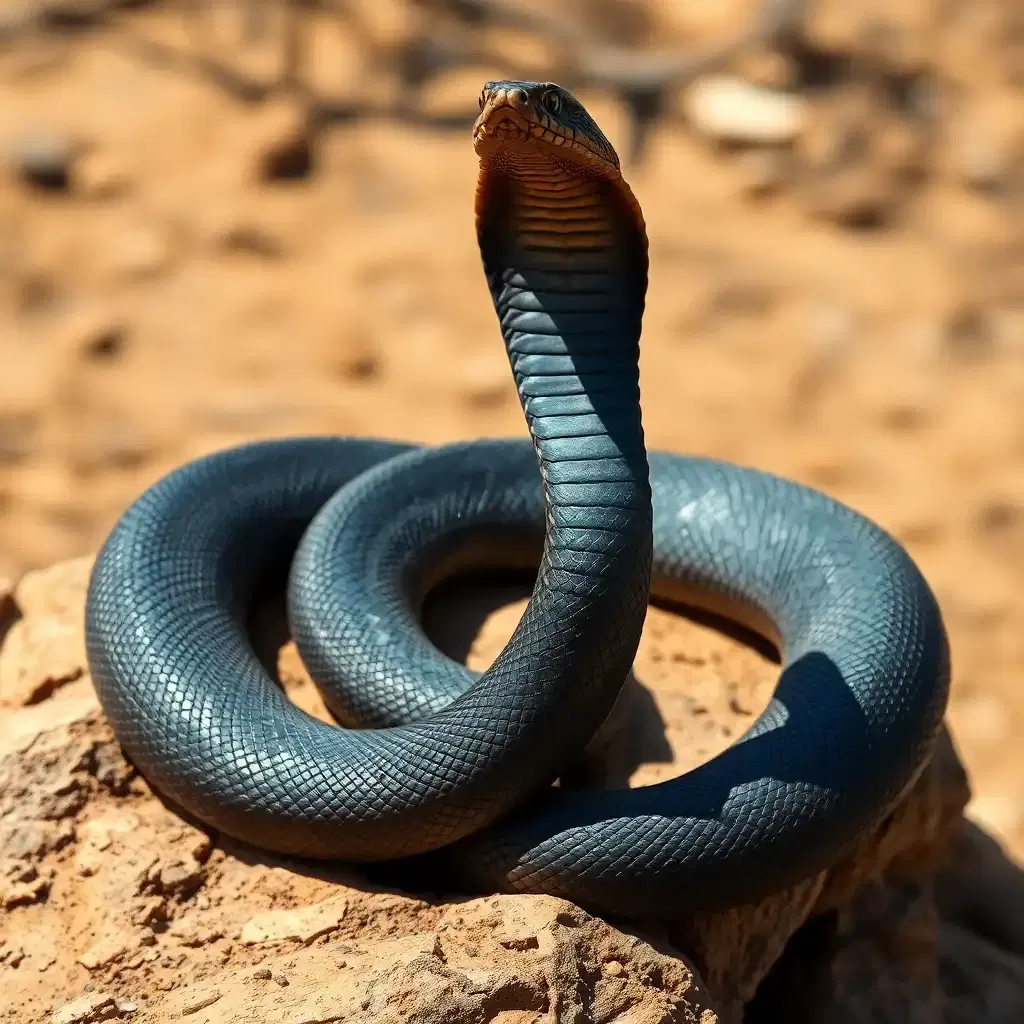 A striking image of a Black Mamba snake coiled on a rocky outcrop, its sleek, dark-gray scales shimmering under the sunlight. Its head is raised, mouth slightly open to reveal the infamous inky-black interior. Its piercing eyes are locked onto a target, exuding both beauty and danger. The background consists of dry African terrain, hinting at the deadly speed and agility this creature possesses in the wild.