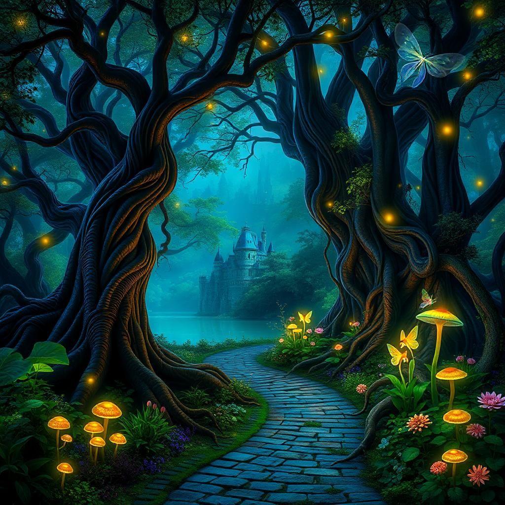 A breathtaking enchanted forest bathed in the soft glow of bioluminescent plants and floating will-o'-the-wisps. Towering ancient trees with twisted, gnarled roots reach toward the sky, their leaves shimmering in shades of blue, purple, and emerald green. A winding cobblestone path leads deeper into the forest, where hidden among the thick foliage lies a crystal-clear pond that reflects the ethereal light. Glowing mushrooms sprout from tree trunks, and delicate fairies with iridescent wings dart between the flowers. The air is thick with golden dust motes that swirl like magic, and in the distance, the outline of a grand, vine-covered castle looms, half-forgotten by time.