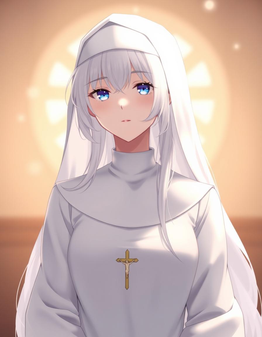 A serene and tranquil scene featuring a beautiful anime girl nun as the central figure, her stunning white hair cascading down her back like a river of snow, with loose strands framing her gentle face, and her nun attire a crisp, pure white, complete with a traditional habit and a delicate crucifix pendant, exuding an aura of peace and devotion, set against a soft, warm backdrop that accentuates her ethereal beauty.