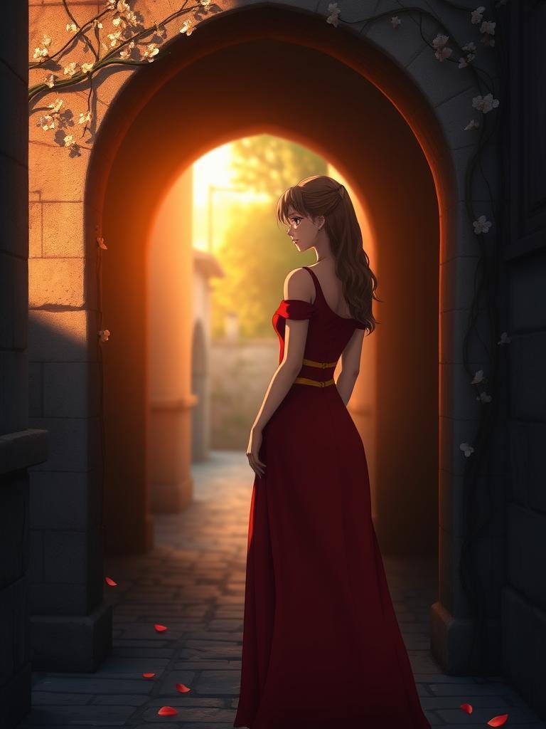 A lone woman from Fairy Tail stands alone, facing away, in a quiet alleyway at sunset. She's framed by a old, stone archway with vines and delicate flowers wrapped around it. Soft, warm light surrounds her, shining through the archway and casting a gentle glow. She wears a long, red dress with a golden belt. A few delicate petals fall around her, caught in the fading light. The archway's edges are slightly blurred, while the woman remains sharp, drawing our eyes to her gentle, lost-in-thought expression. The warm light shines on her, making her look peaceful and introspective.
