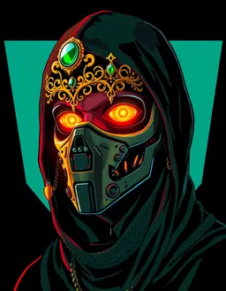 a hyper‑stylized hooded cyborg portrait rendered in bright digital illustration with crisp vector lines and cel‑shaded lighting, featuring high‑contrast chiaroscuro and bold primary colors—vibrant red, deep blue, stark black—against a flat, graphic background. the cyborg’s glowing golden eyes, ornate gold filigree headpiece with green gemstone and dangling chains, and weathered olive‑green mechanical faceplate with visible screws are depicted in sharp focus, with specular highlights on the dark green textured fabric. inspired by 1980s pop‑art cyberpunk and retro‑futurist poster art, the composition uses high‑gloss finish, hard‑edged line work, and a graphic value distribution that emphasizes stark tonal separation and bold chromatic contrast.