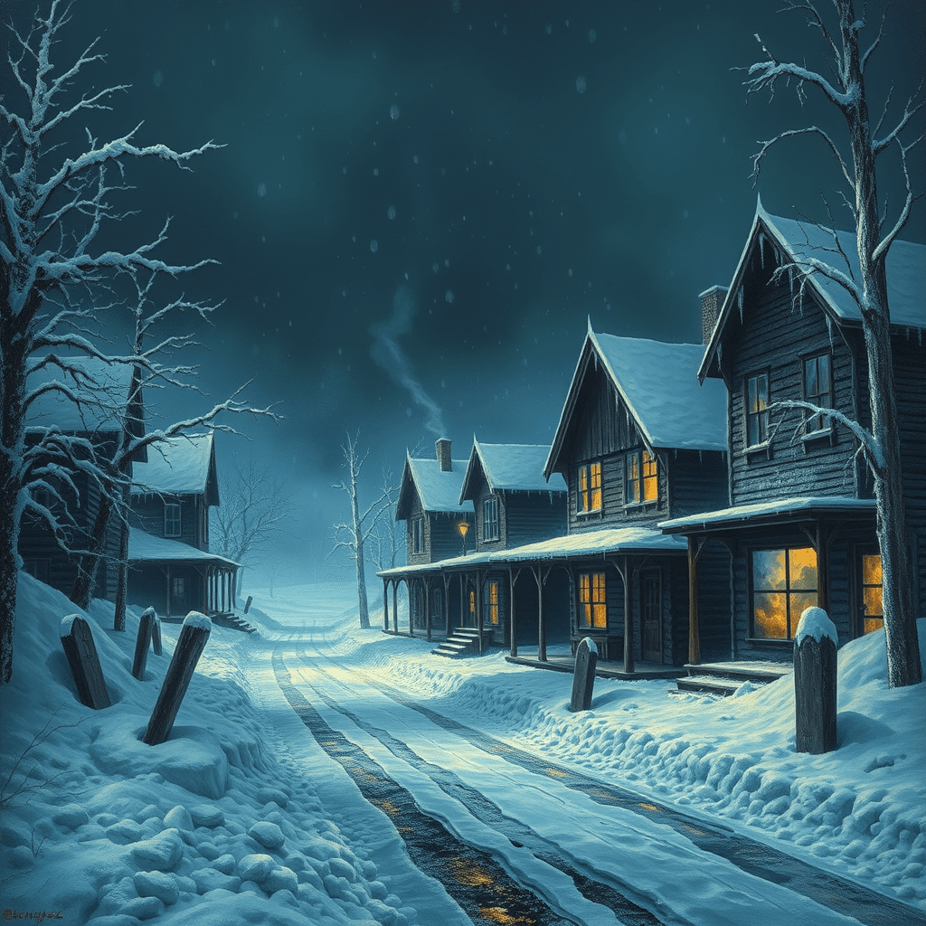 frozen 1880s mining town.  eternal twilight, heavy snow blankets everything.  ice clings to decaying wooden buildings, ghostly  blue light from below illuminates frosted windows.  snowdrifts bury the main street,  wind howls, a blizzard's fury.  silence, broken only by creaking ice and distant, muffled thunder.  trees, heavy with snow, claw at the skeletal buildings.  art style: dark, hyperrealistic painting. emotion: chilling isolation, deep mystery.  forgotten, snow-covered graves mark the land.  the air bites. a bone-chilling winter silence.  nature's icy grip.
