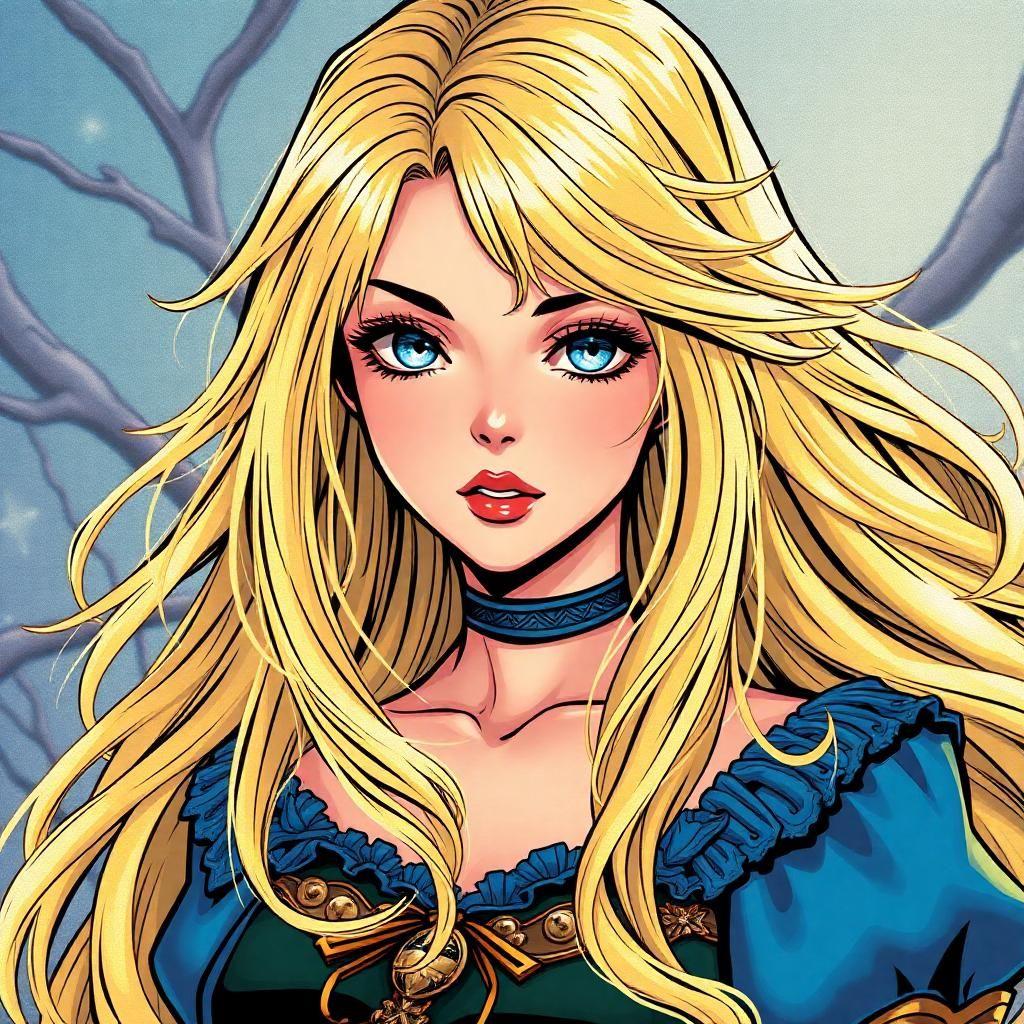 Create a spellbinding femme anime character, adorned with cascading locks of blonde hair and entrancing blue eyes, reminiscent of a fairy tale enchantress. Immerse her in a vibrant, vintage comic book universe, where each detail pops with color and precision that blurs the lines between fantasy and reality.