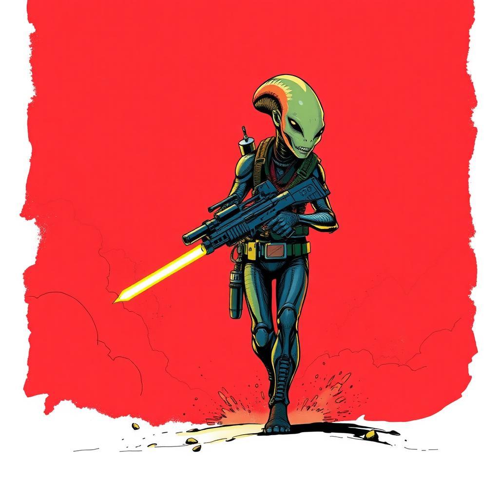 Alien bounty hunter with plasma gun walking through a red sandstorm, comic book style, thick ink outlines, bold colors, dramatic lighting, 1980s graphic novel style