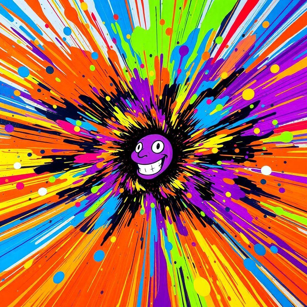 a non-stop, utterly side-splitting explosion of colorful chaos, creating a sides-diving dance of madcap motion and hysteria. electric blues and blazing oranges clash in a comical battle of cartoonish proportions, as glowing neon green and deep, dim purple seem to twist in a dizzying, kaleidoscopic spin. the paint appears to be hiccupping, as if the entire cartoon is nervously vibrating and shimmying with each passing second. **among this vivacious display**, chalk drawings of playful stick figures and hopscotch games begin to **emerge, adding a whimsical touch to the chaotic scene**. cartoonish shapes pop up and fall away—a quick flash of a laughing anime face, a wispy drawn landscape that looks precariously similar to a bustling cityscape, a whirling dervish-like swirl of stripes swirling through stripes, twisting into a final cartoonish vortex.