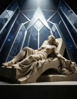 a colossal sand sculpture of aphrodite reclining on a sleek chaise in outer space with a geometric symmetrical backdrop, worm's eye view, low angle looking up, wide‑angle perspective emphasizing height and power, dramatic lighting from below, strong vertical lines, dynamic composition drawing the eye upward, michelangelo‑inspired renaissance style with sculptural depth, bold graphic outlines and mosaic‑like texture, palette of black, deep blue, harsh white and metallic accents.