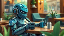 a stylish humanoid robot, with a refined and elegant, rather than aggressive, spriggan-inspired mechanical design, and glossy blue candy-finished armor, is lounging in a cinematic cafe setting. the robot's body language is loose and unbothered, resting with a relaxed "eh, whatever" attitude while sipping motor oil from a tiny espresso cup. the scene is rendered in a 3d paper-cut style, with layered paper-cut textures that give depth and tactile dimension, and gnawed wood detail sculpted in crisp cut layers. eye-catching colors and smooth color gradients flow through the composition, with vibrant greens, warm earth tones, and cool blues layered to enhance depth and visual interest. the artwork is premium-quality, highly detailed, and high-resolution, with a cinematic realism, photorealistic, film still aesthetic, featuring detailed textures and sharp focus. the overall feel is controlled, accurate, and polished, mimicking reality with naturalistic lighting and balanced highlights and shadows. the colors are faithful to life, mixed with subtle gradations. an engine oil can rests on the table. this is a chibi mature anime illustration with detailed 2d linework and soft cel shading.