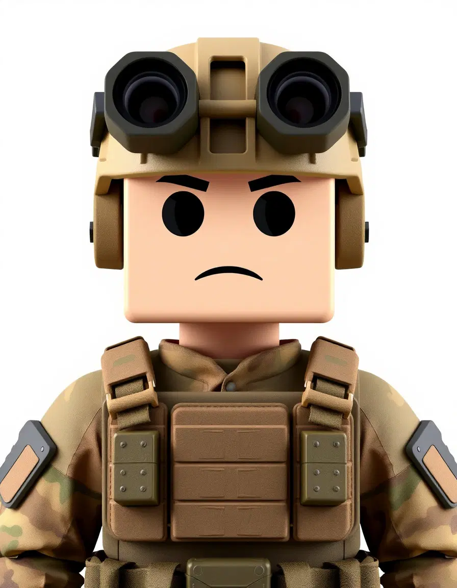 blocky military soldier avatar, front-facing full-body 3D render, tactical helmet with night-vision goggles, camouflage uniform and plate carrier vest, isolated on plain white background, centered composition, soft even studio lighting, minimal shadow, game character icon style, muted tan and olive camouflage tones