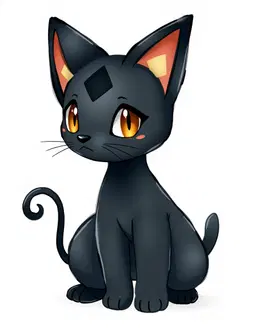 A soft, hand-painted Pokemon creature illustration of a cat-like pokemon with triangular ears, a short muzzle with whiskers and one long thin curling tail, its body coloured jet black with black accents. Rounded shapes, expressive anime eyes and appealing proportions with a slightly oversized head and a compact body; a silhouette that reads at a glance. Clean, thin, slightly organic pencil-like outlines. Familiar Pokemon design language: believable creature anatomy, simple colour blocking, elemental traits integrated naturally into the body, selective detail, clear personality. Soft colours, creamy highlights, gentle cel shading blended with painterly gradients, subtle watercolour and gouache texture on faint paper grain, matte softly illustrated surfaces. Show the full creature standing in a three-quarter pose, centred on a plain white background.