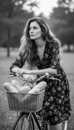 A black and white, medium shot, portrait of a woman with long, wavy hair, wearing a dark, floral-patterned dress, leaning on the handlebars of a bicycle. The bicycle has a basket in front filled with loaves of bread. The woman is looking off to the side with a thoughtful expression. The background is softly blurred, suggesting an outdoor, natural setting with trees and grass. The lighting is soft and natural, creating a gentle mood. The textures are smooth on the skin and fabric, with the rougher texture of the bread and the metal basket. The overall style is realistic and artistic, with a focus on the subject and her pose.