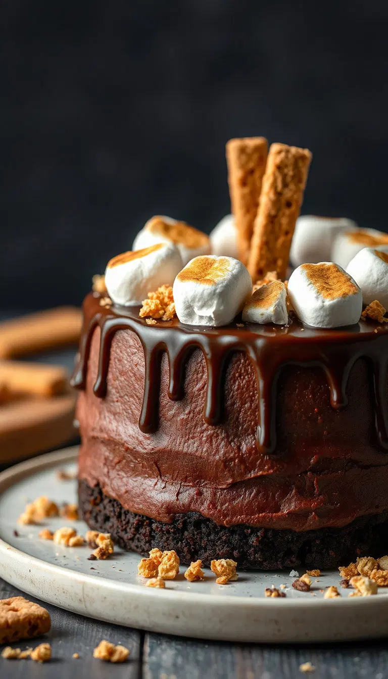 A rich chocolate cake decorated with toasted marshmallows, melted chocolate drizzle, graham cracker crumbs, campfire-inspired dessert styling, cinematic food photography, highly detailed.