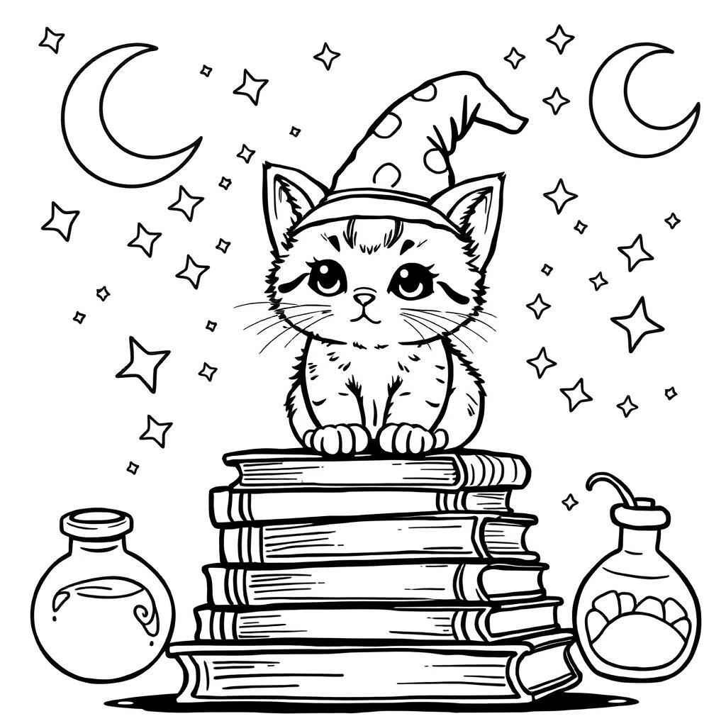 An adorable chubby kitten wearing a tiny wizard hat, standing on a stack of books with magical sparkles floating around. The background features whimsical elements like stars, a crescent moon, and potions. The line art is simple yet detailed, allowing room for creative coloring choices.