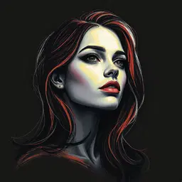 crayon-drawn illustration of the subject, female, tenebrism style with violent abrupt light‑dark transitions, directional concentrated highlights, suppressed void‑like black background, loose gestural strokes, stippled cross‑hatching, soft edges, negative‑space composition, smooth glazing, subtle impasto texture, satin sheen, velvet‑like surface detail. muted rainbow palette of dusty red, soft amber, sage, teal, periwinkle, and mauve, low‑saturation, harmonious vintage tones. muted rainbow palette.