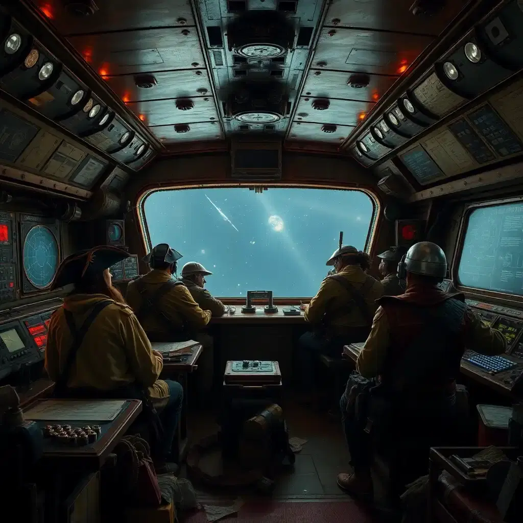 Inside the control room of a space pirate ship, the atmosphere is tense and chaotic. Pirate crew members, wearing a mix of tattered clothing and armored gear, work at various stations, monitoring star charts and tracking enemy ships. The control panels are old and worn, with flickering lights and patched-up machinery. Through the large viewport, the vastness of space can be seen, with distant stars and passing comets. The ship's interior is filled with rough, utilitarian furnishings, and the hum of the ship’s engines is constant in the background.