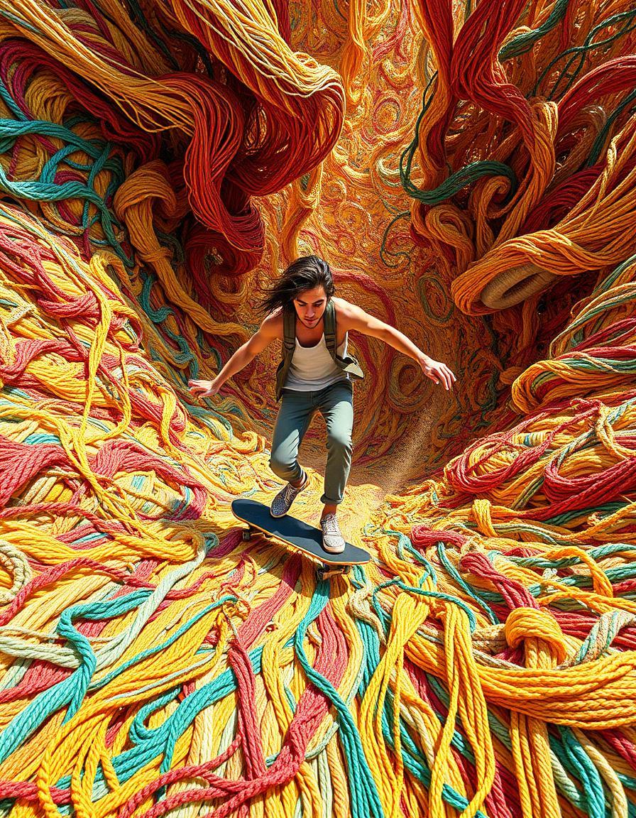 A vibrant and dynamic scene of a Skater dude, a young man with a rebellious and adventurous spirit, wearing casual and comfortable clothing, riding a sleek skateboard, effortlessly gliding across a vast and intricate Endless woven tapestry, with the tapestry's complex patterns and colors swirling around him, as if the threads and yarns of the tapestry itself have come alive and are in motion, with the Skater dude at the center, his board leaving behind a subtle trail on the ever-unfolding and interconnected woven landscape.