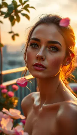 beauty portrait with dewy skin and floating flower petals, captured with a wider perspective on a garden terrace at soft golden sunset, distant skyline, gentle bokeh and pastel light wash, soft pink and gold lighting, luxury skincare advertisement style.