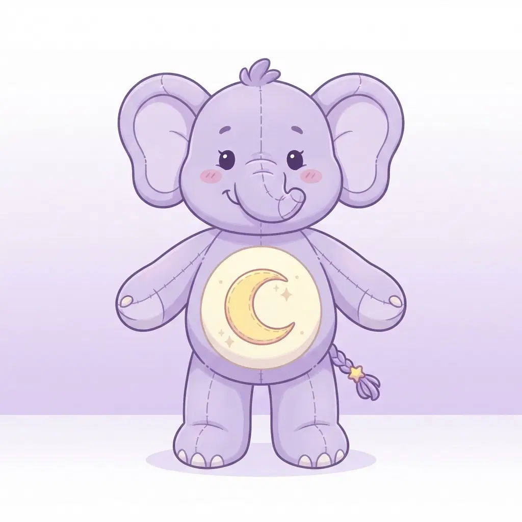 cute plush animal mascot oc base, stuffed toy elephant critter, big round ears, gentle smile, front view full body pose reference, lavender fur with a moon belly badge, flat colour, minimal shading, plain white background, reference sheet style, clean soft gradient studio background, vibrant, crisp high detail, digital illustration