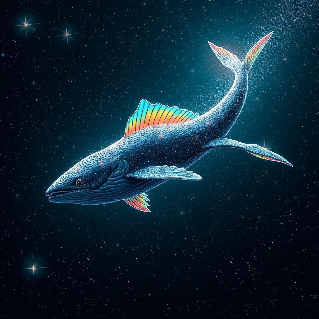 Amid a scintillating meteor shower, an ethereal leviathan emerges from a shimmering sea of stars. With scales as dark as the void and fins that flicker with rainbow luminescence, it glides through space with graceful majesty. Stars bow to its passage, illuminating the universe in fleeting moments of brilliance. As the leviathan sings, its haunting melody transcends the bounds of reality itself.