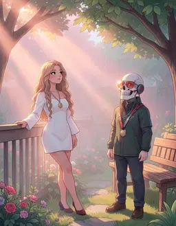 A backyard garden bathed in volumetric fog softens the invisible sun’s light into gentle pink‑orange rays that filter through tree leaves at a 45‑degree angle from the top left or right. The fog turns shadows into layered haze and specular highlights into elongated halos, giving the scene atmospheric depth and a cinematic, yet relaxing, mood. Sloane‑fa stands in the garden, lightly illuminated by the soft rays, their pose relaxed as they lean against a patio railing, eyes gazing toward the misty air. Skully stands near a garden bench, shoulders relaxed, gazing toward the misty air as well, sharing the soft light that catches the edges of their clothing and creates subtle halos. The scene remains bright, vivid, and colorful, with the misty depth enhancing the overall ambience. style