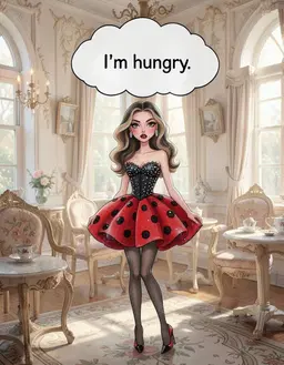 Ladybug-fa stands in a refined Victorian tea room filled with delicate scrollwork, ornate furnishings, and a soft powdery light that bathes the scene. She looks directly at the viewer with a slightly pleading expression, her mouth slightly open as she says, “I’m hungry.” Above her head floats a translucent cartoon idea cloud, empty at first; inside the cloud the words “I’m hungry” appear, matching her spoken thought. The cloud hovers gently, sharing the room’s gentle illumination and adding a whimsical touch to the elegant setting.