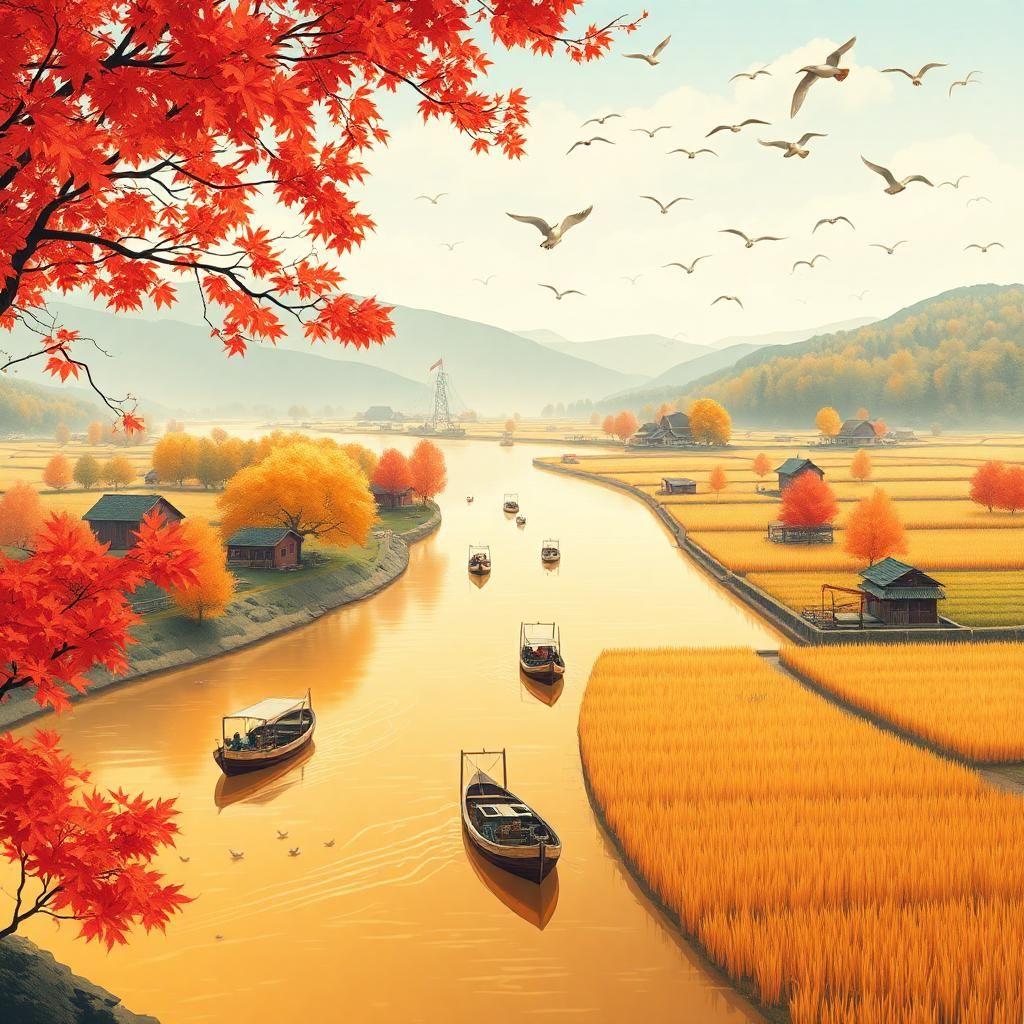 Autumn scenery in Heilongjiang, China, with full colors and no blank space, flat drawing style, fishing boats and waterbirds on the golden waterway, reddish maple leaves, harvesters and many barns in the rice fields, and migratory birds in the air