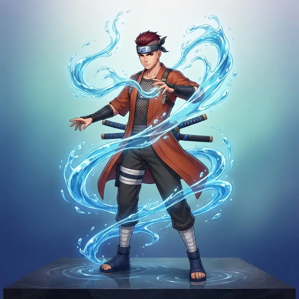 Anime illustration, original tall ninja, full body, burnt orange coat over grey mesh shirt, headband with a made-up wave village symbol, shaved sides and dark red hair, twin short blades on the back, cool blue water jutsu rising in ribbons, clean soft gradient studio background, vibrant, crisp