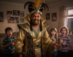 will smith as a father in a cozy small house in warrington, captured in a close‑up, dramatic action‑movie style scene, wearing an elaborate golden evil jafar costume with richly textured regal robes, feathered turban, and sparkling jeweled accessories; his face shows a menacing smile and a theatrical, exaggerated villainous expression, illuminated by dramatic lighting that highlights the intricate gold embroidery and swirling fabric; his two children stand nearby, their wide eyes filled with startled fear and awe, clutching toys, the modest living‑room background featuring a simple sofa, family photographs on the wall, and soft evening light streaming through a window, all rendered with high detail, vivid colors, and cinematic depth.