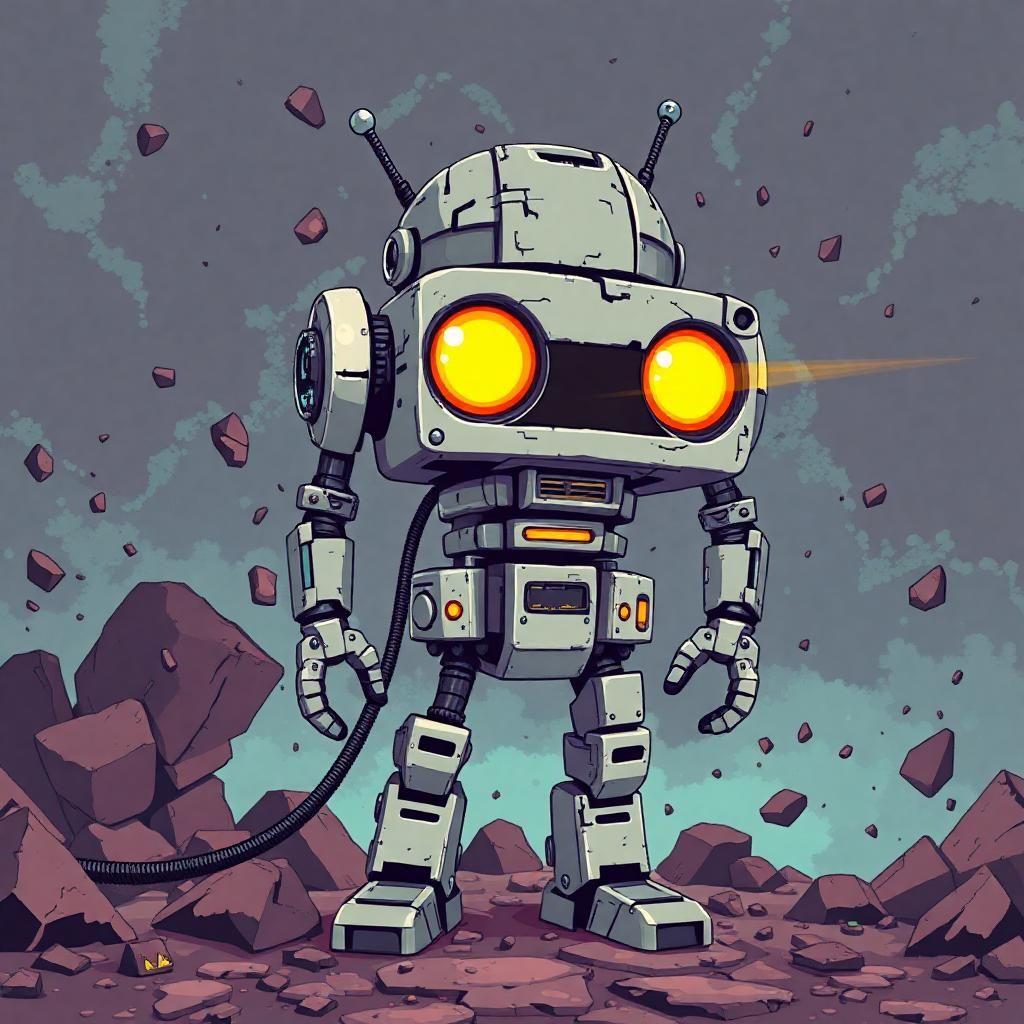 "a retro-futuristic robot named the_electric in a more seriously distressed, intensely glitchy 8-bit world, with the damage looking like it was done with a heavy-handed brute, as if something said hammer-wielding ifix had gotten to it."
