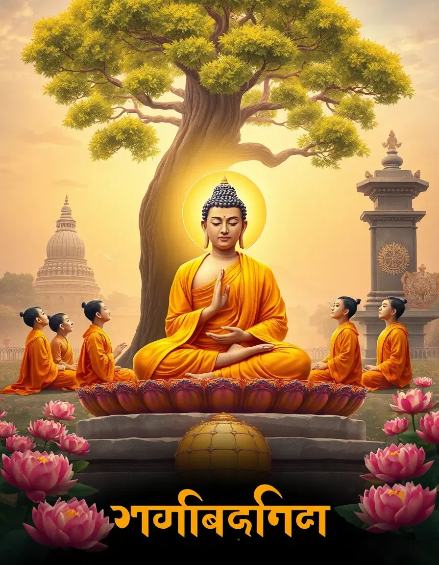 Seated Buddha in golden robes under Bodhi tree, radiant halo, teaching five disciples in orange robes, ancient stone stupa and pillar in background, pink lotus flowers, Dharma wheel with lion base, warm spiritual lighting, soft sky, traditional Indian religious poster style, rich colors, ornate typography, serene atmosphere, 85mm portrait, shallow depth of field, cinematic composition, sacred geometry, devotional mood, cultural heritage, symbolic elements, harmonious palette, detailed illustration, high contrast, vibrant hues, spiritual symbolism, historical context, artistic rendering, visual storytelling, emotional resonance, cultural identity, religious iconography, meditative ambiance, divine presence, enlightenment imagery, sacred space, ritualistic setting, ceremonial atmosphere, devotional art, spiritual narrative, mythological scene, ancient tradition, timeless wisdom, sacred geometry, symbolic representation, cultural heritage, artistic interpretation, visual metaphor, emotional depth, spiritual journey, enlightenment path, sacred tradition, cultural identity, religious symbolism, meditative state, divine presence, sacred space, ritualistic setting, ceremonial atmosphere, devotional art, spiritual narrative, mythological scene, ancient tradition, timeless wisdom, sacred geometry, symbolic representation, cultural heritage, artistic interpretation, visual metaphor, emotional depth, spiritual journey, enlightenment path, sacred tradition, cultural identity, religious symbolism, meditative state, divine presence, sacred space, ritualistic setting, ceremonial atmosphere, devotional art, spiritual narrative, mythological scene, ancient tradition, timeless wisdom, sacred geometry, symbolic representation, cultural heritage, artistic interpretation, visual metaphor, emotional depth, spiritual journey, enlightenment path, sacred tradition, cultural identity, religious symbolism, meditative state, divine presence, sacred space, ritualistic setting, ceremonial atmosphere, devotional art, spiritual narrative, mythological scene, ancient tradition, timeless wisdom, sacred geometry, symbolic representation, cultural heritage, artistic interpretation, visual metaphor, emotional depth, spiritual journey, enlightenment path, sacred tradition, cultural identity, religious symbolism, meditative state, divine presence, sacred space, ritualistic setting, ceremonial atmosphere, devotional art, spiritual narrative, mythological scene, ancient tradition, timeless wisdom, sacred geometry, symbolic representation, cultural heritage, artistic interpretation, visual metaphor, emotional depth, spiritual journey, enlightenment path, sacred tradition, cultural identity, religious symbolism, meditative state, divine presence, sacred space, ritualistic setting, ceremonial atmosphere, devotional art, spiritual narrative, mythological scene, ancient tradition, timeless wisdom, sacred geometry, symbolic representation, cultural heritage, artistic interpretation, visual metaphor, emotional depth, spiritual journey, enlightenment path, sacred tradition, cultural identity, religious symbolism, meditative state, divine presence, sacred space, ritualistic setting, ceremonial atmosphere, devotional art, spiritual narrative, mythological scene, ancient tradition, timeless wisdom, sacred geometry, symbolic representation, cultural heritage, artistic interpretation, visual metaphor, emotional depth, spiritual journey, enlightenment path, sacred tradition, cultural identity, religious symbolism, meditative state, divine presence, sacred space, ritualistic setting, ceremonial atmosphere, devotional art, spiritual narrative, mythological scene, ancient tradition, timeless wisdom, sacred geometry, symbolic representation, cultural heritage, artistic interpretation, visual metaphor, emotional depth, spiritual journey, enlightenment path, sacred tradition, cultural identity, religious symbolism, meditative state, divine presence, sacred space, ritualistic setting, ceremonial atmosphere, devotional art, spiritual narrative, mythological scene, ancient tradition, timeless wisdom, sacred geometry, symbolic representation, cultural heritage, artistic interpretation, visual metaphor, emotional depth, spiritual journey, enlightenment path, sacred tradition, cultural identity, religious symbolism, meditative state, divine presence, sacred space, ritualistic setting, ceremonial atmosphere, devotional art, spiritual narrative, mythological scene, ancient tradition, timeless wisdom, sacred geometry, symbolic representation, cultural heritage, artistic interpretation, visual metaphor, emotional depth, spiritual journey, enlightenment path, sacred tradition, cultural identity, religious symbolism, meditative state, divine presence, sacred space, ritualistic setting, ceremonial atmosphere, devotional art, spiritual narrative, mythological scene, ancient tradition, timeless wisdom, sacred geometry, symbolic representation, cultural heritage, artistic interpretation, visual metaphor, emotional depth, spiritual journey, enlightenment path, sacred tradition, cultural identity, religious symbolism, meditative state, divine presence, sacred space, ritualistic setting, ceremonial atmosphere, devotional art, spiritual narrative, mythological scene, ancient tradition, timeless wisdom, sacred geometry, symbolic representation, cultural heritage, artistic interpretation, visual metaphor, emotional depth, spiritual journey, enlightenment path, sacred tradition, cultural identity, religious symbolism, meditative state, divine presence, sacred space, ritualistic setting, ceremonial atmosphere, devotional art, spiritual narrative, mythological scene, ancient tradition, timeless wisdom, sacred geometry, symbolic representation, cultural heritage, artistic interpretation, visual metaphor, emotional depth, spiritual journey, enlightenment path, sacred tradition, cultural identity, religious symbolism, meditative state, divine presence, sacred space, ritualistic setting, ceremonial atmosphere, devotional art, spiritual narrative, mythological scene, ancient tradition, timeless wisdom, sacred geometry, symbolic representation, cultural heritage, artistic interpretation, visual metaphor, emotional depth, spiritual journey, enlightenment path, sacred tradition, cultural identity, religious symbolism, meditative state, divine presence, sacred space, ritualistic setting, ceremonial atmosphere, devotional art, spiritual narrative, mythological scene, ancient tradition, timeless wisdom, sacred geometry, symbolic representation, cultural heritage, artistic interpretation, visual metaphor, emotional depth, spiritual journey, enlightenment path, sacred tradition, cultural identity, religious symbolism, meditative state, divine presence, sacred space, ritualistic setting, ceremonial atmosphere, devotional art, spiritual narrative, mythological scene, ancient tradition, timeless wisdom, sacred geometry, symbolic representation, cultural heritage, artistic interpretation, visual metaphor, emotional depth, spiritual journey, enlightenment path, sacred tradition, cultural identity, religious symbolism, meditative state, divine presence, sacred space, ritualistic setting, ceremonial atmosphere, devotional art, spiritual narrative, mythological scene, ancient tradition, timeless wisdom, sacred geometry, symbolic representation, cultural heritage, artistic interpretation, visual metaphor, emotional depth, spiritual journey, enlightenment path, sacred tradition, cultural identity, religious symbolism, meditative state, divine presence, sacred space, ritualistic setting, ceremonial atmosphere, devotional art, spiritual narrative, mythological scene, ancient tradition, timeless wisdom, sacred geometry, symbolic representation, cultural heritage, artistic interpretation, visual metaphor, emotional depth, spiritual journey, enlightenment path, sacred tradition, cultural identity, religious symbolism, meditative state, divine presence, sacred space, ritualistic setting, ceremonial atmosphere, devotional art, spiritual narrative, mythological scene, ancient tradition, timeless wisdom, sacred geometry, symbolic representation, cultural heritage, artistic interpretation, visual metaphor, emotional depth, spiritual journey, enlightenment path, sacred tradition, cultural identity, religious symbolism, meditative state, divine presence, sacred space, ritualistic setting, ceremonial atmosphere, devotional art, spiritual narrative, mythological scene, ancient tradition, timeless wisdom, sacred geometry, symbolic representation, cultural heritage, artistic interpretation, visual metaphor, emotional depth, spiritual journey, enlightenment path, sacred tradition, cultural identity, religious symbolism, meditative state, divine presence, sacred space, ritualistic setting, ceremonial atmosphere, devotional art, spiritual narrative, mythological scene, ancient tradition, timeless wisdom, sacred geometry, symbolic representation, cultural heritage, artistic interpretation, visual metaphor, emotional depth, spiritual journey, enlightenment path, sacred tradition, cultural identity, religious symbolism, meditative state, divine presence, sacred space, ritualistic setting, ceremonial atmosphere, devotional art, spiritual narrative, mythological scene, ancient tradition, timeless wisdom, sacred geometry, symbolic representation, cultural heritage, artistic interpretation, visual metaphor, emotional depth, spiritual journey, enlightenment path, sacred tradition, cultural identity, religious symbolism, meditative state, divine presence, sacred space, ritualistic setting, ceremonial atmosphere, devotional art, spiritual narrative, mythological scene, ancient tradition, timeless wisdom, sacred geometry, symbolic representation, cultural heritage, artistic interpretation, visual metaphor, emotional depth, spiritual journey, enlightenment path, sacred tradition, cultural identity, religious symbolism, meditative state, divine presence, sacred space, ritualistic setting, ceremonial atmosphere, devotional art, spiritual narrative, mythological scene, ancient tradition, timeless wisdom, sacred geometry, symbolic representation, cultural heritage, artistic interpretation, visual metaphor, emotional depth, spiritual journey, enlightenment path, sacred tradition, cultural identity, religious symbolism, meditative state, divine presence, sacred space, ritualistic setting, ceremonial atmosphere, devotional art, spiritual narrative, mythological scene, ancient tradition, timeless wisdom, sacred geometry, symbolic representation, cultural heritage, artistic interpretation, visual metaphor, emotional depth, spiritual journey, enlightenment path, sacred tradition, cultural identity, religious symbolism, meditative state, divine presence, sacred space, ritualistic setting, ceremonial atmosphere, devotional art, spiritual narrative, mythological scene, ancient tradition, timeless wisdom, sacred geometry, symbolic representation, cultural heritage, artistic interpretation, visual metaphor, emotional depth, spiritual journey, enlightenment path, sacred tradition, cultural identity, religious symbolism, meditative state, divine presence, sacred space, ritualistic setting, ceremonial atmosphere, devotional art, spiritual narrative, mythological scene, ancient tradition, timeless wisdom, sacred geometry, symbolic representation, cultural heritage, artistic interpretation, visual metaphor, emotional depth, spiritual journey, enlightenment path, sacred tradition, cultural identity, religious symbolism, meditative state, divine presence, sacred space, ritualistic setting, ceremonial atmosphere, devotional art, spiritual narrative, mythological scene, ancient tradition, timeless wisdom, sacred geometry, symbolic representation, cultural heritage, artistic interpretation, visual metaphor, emotional depth, spiritual journey, enlightenment path, sacred tradition,