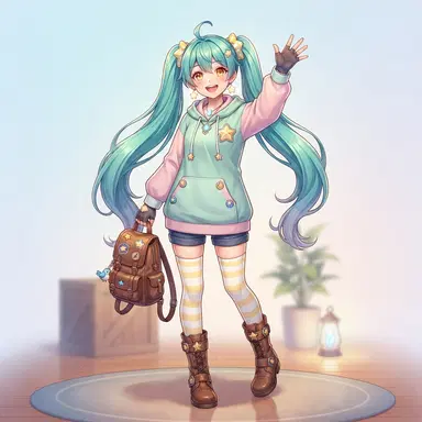 original anime girl character design, full body, cheerful adventurer with teal twin-tails and amber eyes, modest pastel hoodie dress with star patches, knee-high boots, waving happily, clean soft gradient studio background, vibrant, crisp high detail, digital illustration