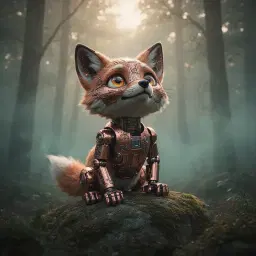 cute copper robofox cub perched on a mossy rock, its metallic fur gleaming with subtle reflections, gazing upward with curious amber eyes, wide cinematic framing, low camera angle, soft warm golden hour lighting filtering through a misty forest canopy, enveloped in a gentle haze of green‑teal mist, color graded with muted teal and warm gold tones, exuding a playful yet wonder‑filled mood, shot with a 50mm lens at f/1.8, iso 100, creating a shallow depth of field that highlights the detailed circuitry of its copper plating.