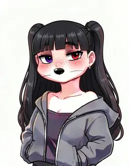 character portrait of female, an anthropomorphic canine with expressive ears, a fluffy tail and a hoodie, fully clothed, Golden retriever with floppy ears, Long with bangs, One dark purple and red, Fair with freckles under eyes, cool and confident, in the style of Fursona, faithful to its official art style, vivid saturated colors, head and shoulders, facing forward, plain flat white background