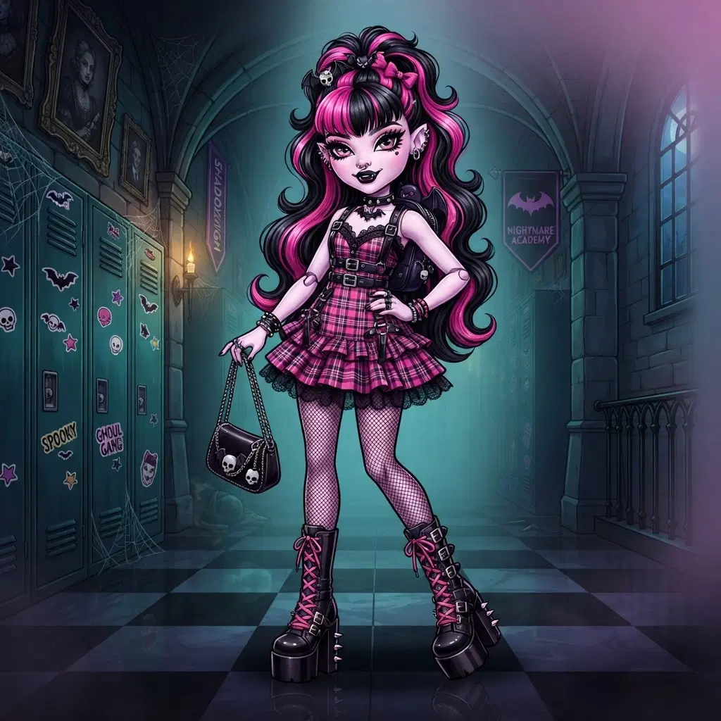 full body fashion doll style teen girl with vampire traits, very tall slim doll proportions, pale lavender skin, small fangs, long black hair with hot pink streaks, bold dark makeup, plaid pink and black mini dress, chunky platform boots, spooky gothic school hallway with lockers, pink black and teal palette