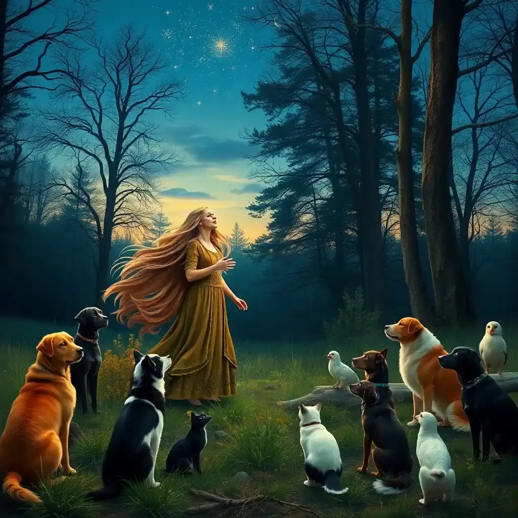scene opens to a mystical forest clearing at dusk. a woman in flowing celtic attire stands, her long hair billowing in the wind. she sings melodically, eyes fixed on the starlit sky. surrounding her, a diverse group of animals - dogs, cats, and birds - watch her intently. the atmosphere is enchanting, almost otherworldly.