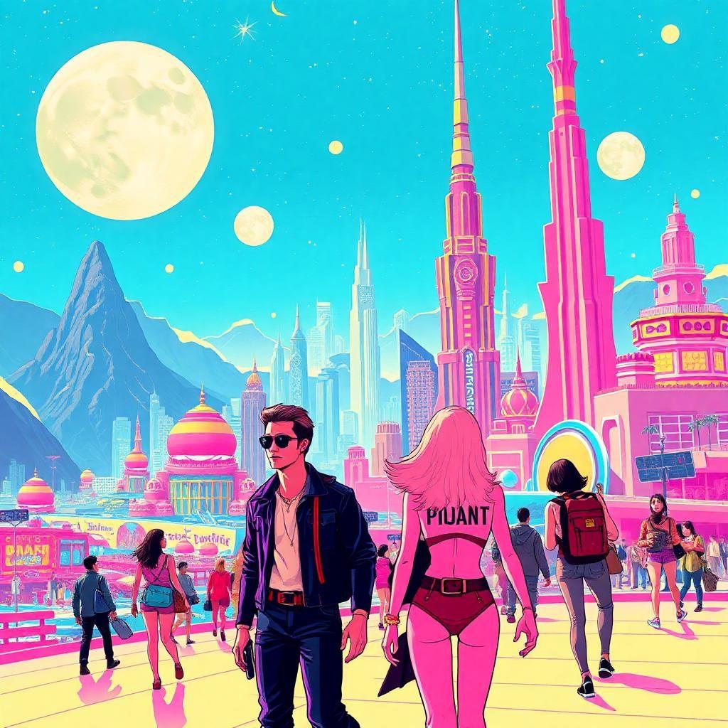 Illustrate a futuristic celebration of retro design, with human figures illustrated in bold pop art colors, set against a shimmering city that mirrors an explorer's paradise from another era. The vibrancy encapsulates a society that blends the ideals of futuristic optimism with timeless style.