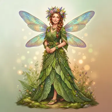original character design of an adult woman fairy fully clothed in a long green leaf gown, iridescent dragonfly wings, flower crown, full body standing pose, wholesome storybook style, clean soft gradient studio background, vibrant, crisp high detail, digital illustration, no text, no words, no watermark