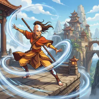 original airbender character, orange and yellow robes with blue arrow tattoos, swirling air currents, mountain temple, cel-shaded animated series style, vibrant, crisp high detail