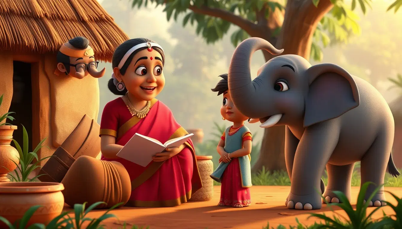 Dadi Amma character explaining story  
Mohans character Gudiyas character listening  
Neelu the elephant character standing peacefully  
warm emotional scene  

3D animated cartoon style  
Pixar inspired but original  
soft lighting  
rounded shapes  
child friendly  
bright colors  

high quality 3D render  
cinematic camera  
consistent character design  
Indian village environment  
no text  
no watermark