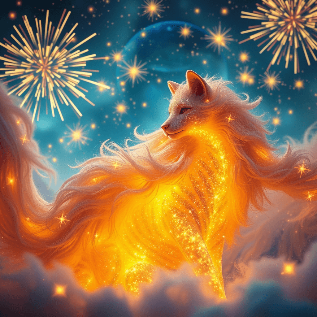Immerse yourself in the celestial opera crafted by the brilliant imagination of 'Melodia,' where vibrant soundscapes converge with fireworks of light. Captivate your senses as the melodious hues weave stories of wonder, and her sparking fur reflects the timeless dance of light and harmony, leaving you breathless in this dreamlike concerto.