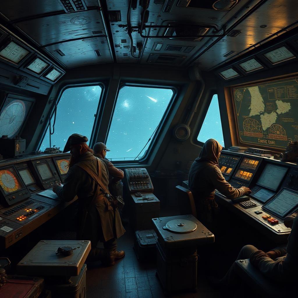Inside the control room of a space pirate ship, the atmosphere is tense and chaotic. Pirate crew members, wearing a mix of tattered clothing and armored gear, work at various stations, monitoring star charts and tracking enemy ships. The control panels are old and worn, with flickering lights and patched-up machinery. Through the large viewport, the vastness of space can be seen, with distant stars and passing comets. The ship's interior is filled with rough, utilitarian furnishings, and the hum of the ship’s engines is constant in the background.