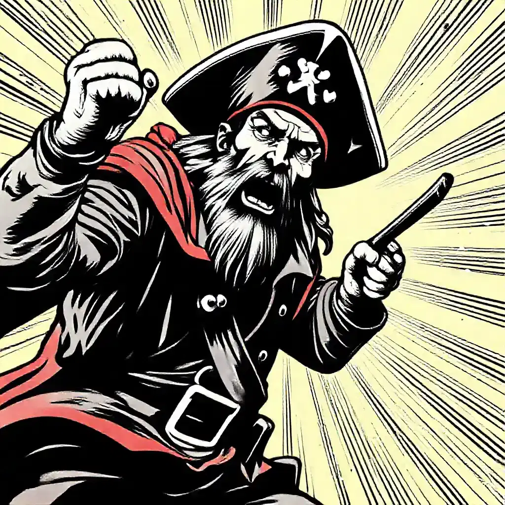 Comic book illustration of a pirate , bold ink lines, dramatic comic panel composition, cel shading, halftone shadows, action speed lines, comic book color palette, cross-hatching details, dynamic poses, graphic novel aesthetics, superhero comic style, dramatic foreshortening, bold outlines, comic book lighting effects, action-packed composition, visible panel borders, comic book lettering effects